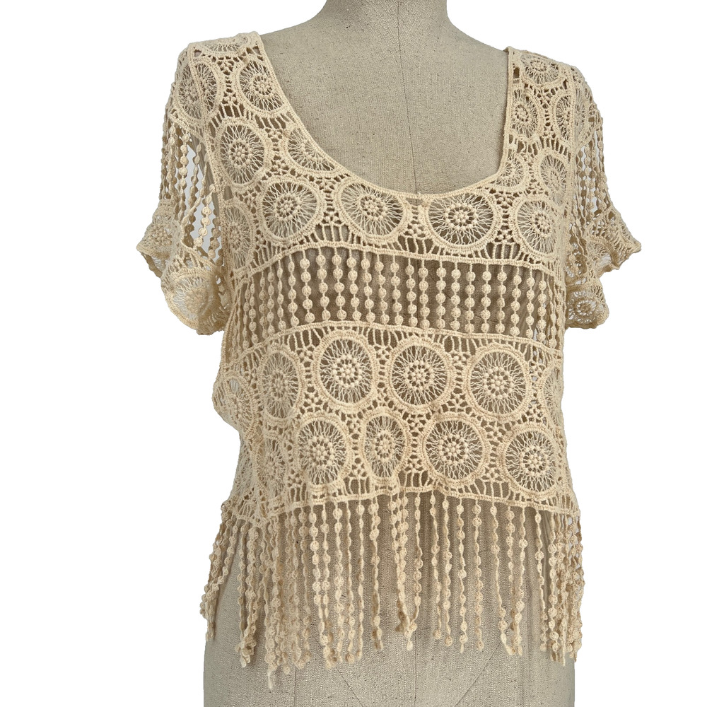 Ooh La La Crochet Crop Top Sz M Boho Lace Fringe Festival Beach Costal Cowgirl
